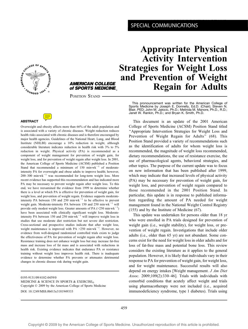 Pdf Appropriate Physical Activity Intervention Strategies For Weight Loss And Prevention Of Weight Regain For Adults