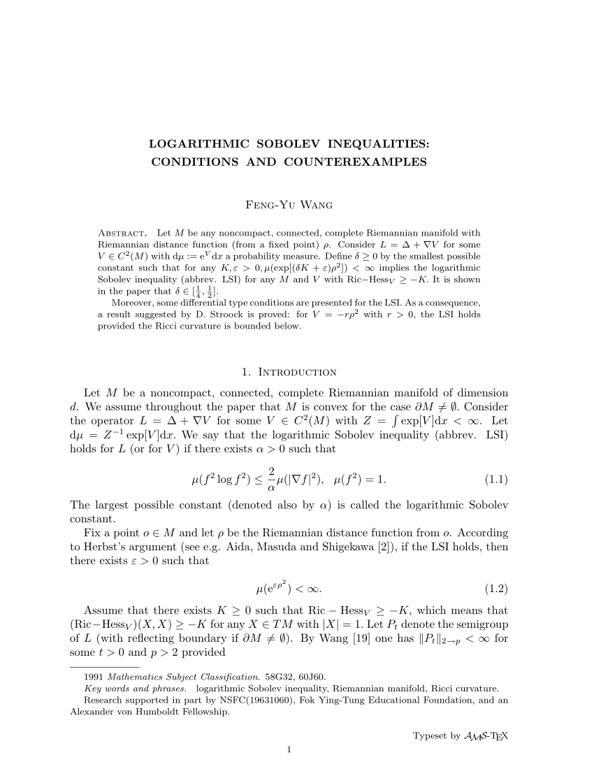 Pdf Logarithmic Sobolev Inequalities Conditions And Counterexamples