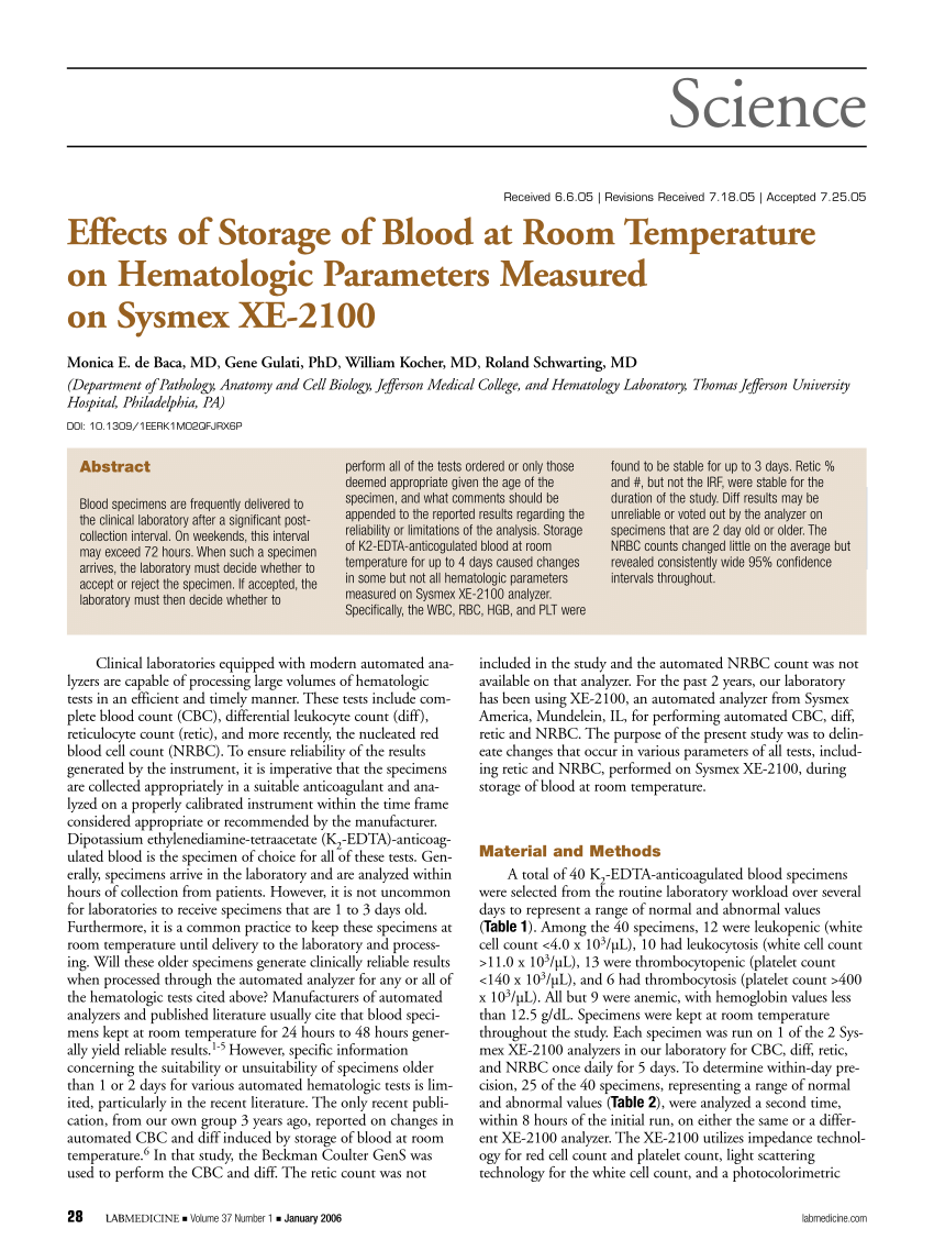Pdf Effects Of Storage Of Blood At Room Temperature On