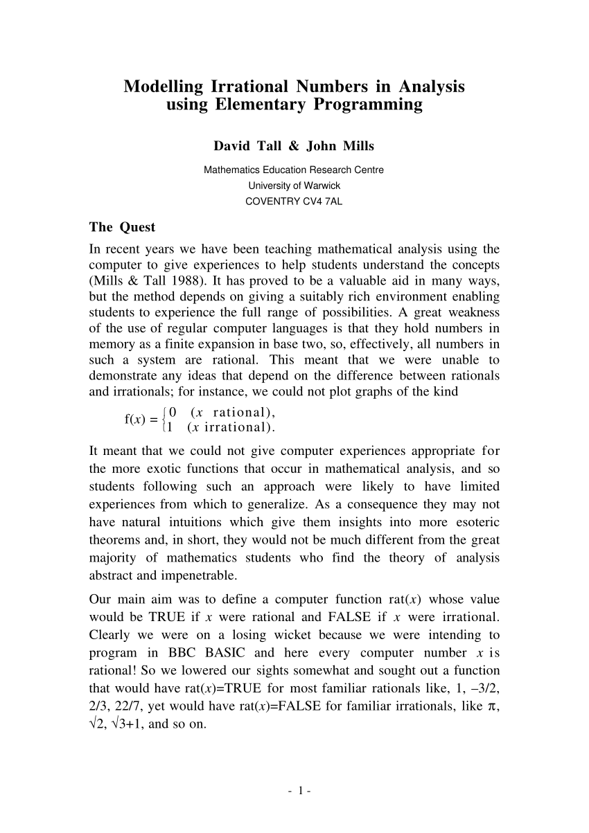 Pdf Modelling Irrational Numbers In Analysis Using Elementary Programming