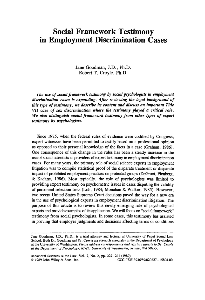 PDF) Social framework testimony in employment discrimination cases