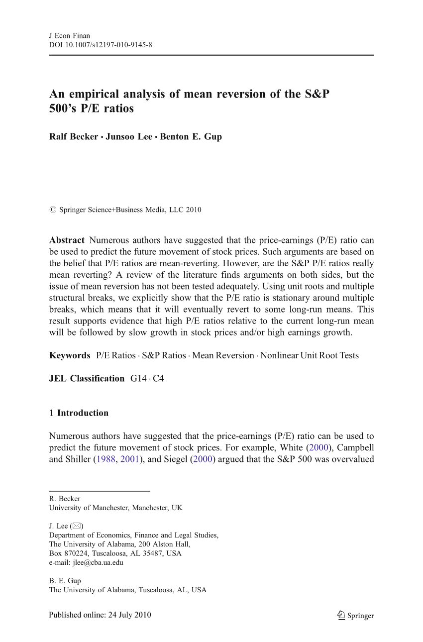 Pdf An Empirical Analysis Of Mean Reversion Of The S P 500 S P E Ratios