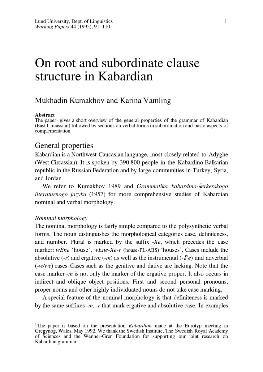 Pdf On Root And Subordinate Clause Structure In Kabardian