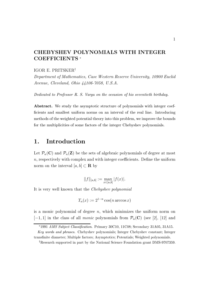 Pdf Chebyshev Polynomials With Integer Coefficients