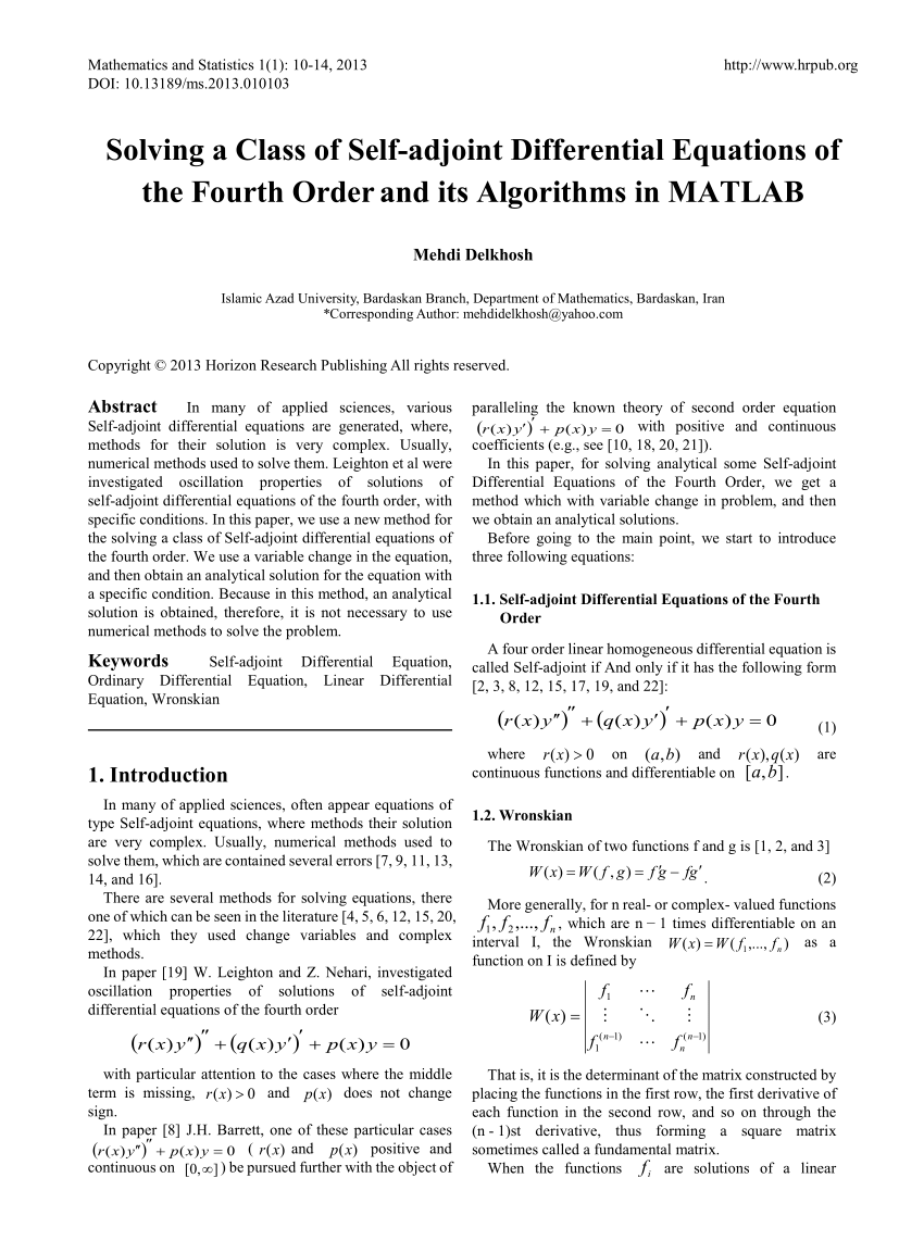 Pdf Solving A Class Of Self Adjoint Differential Equations Of The Fourth Order And Its Algorithms In Matlab