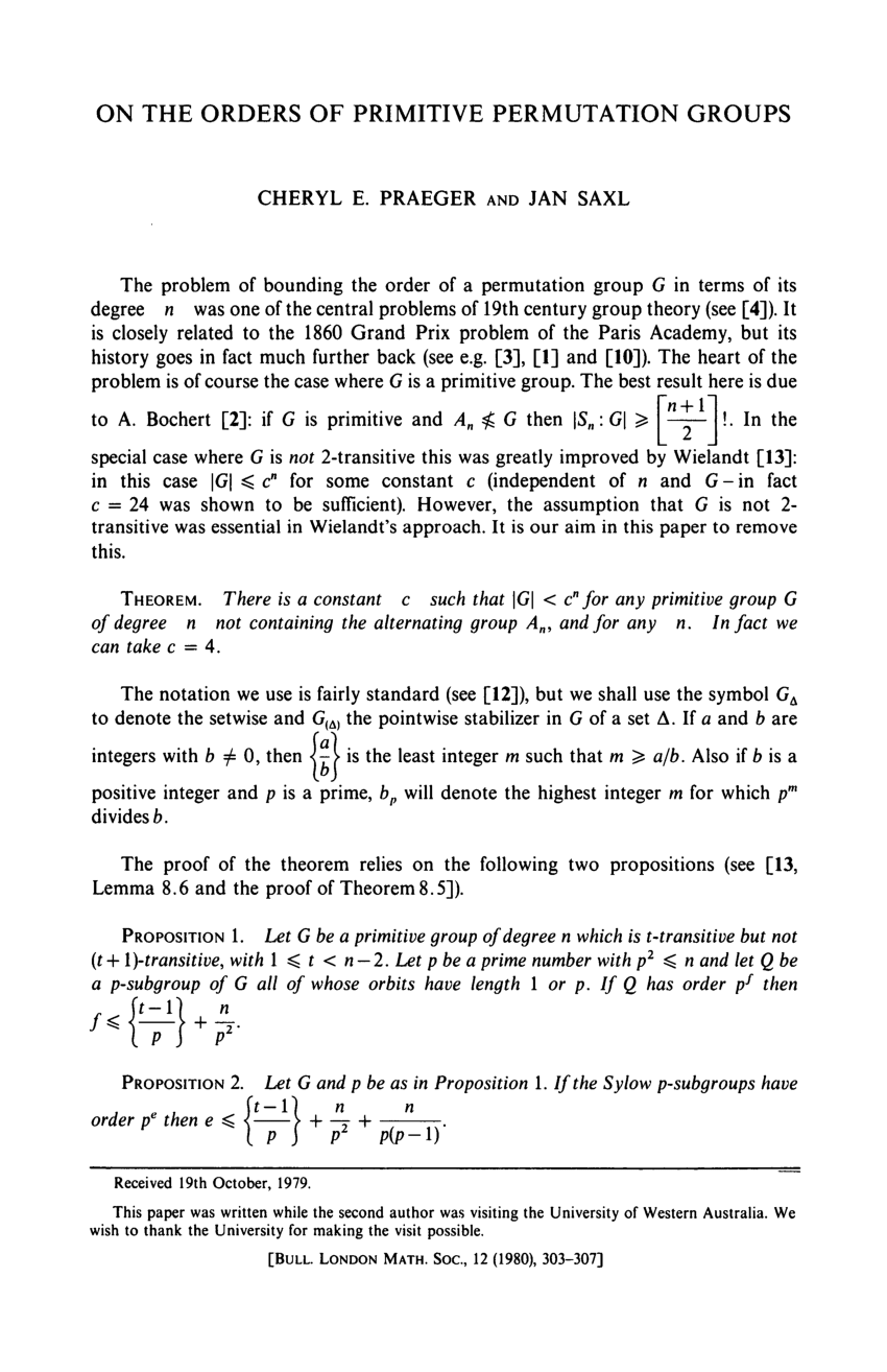 Pdf On The Orders Of Primitive Permutation Groups