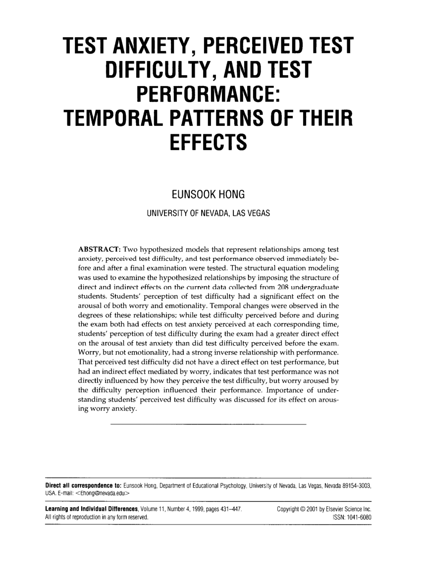 Pdf Test Anxiety Perceived Test Difficulty And Test Performance Temporal Patterns Of Their Effects