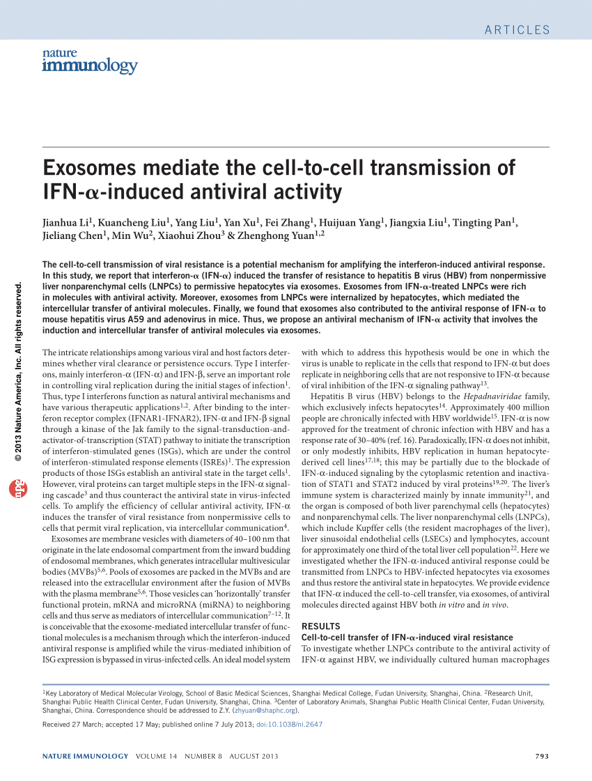 pdf exosomes mediate the cell to cell transmission of ifn a induced antiviral activity