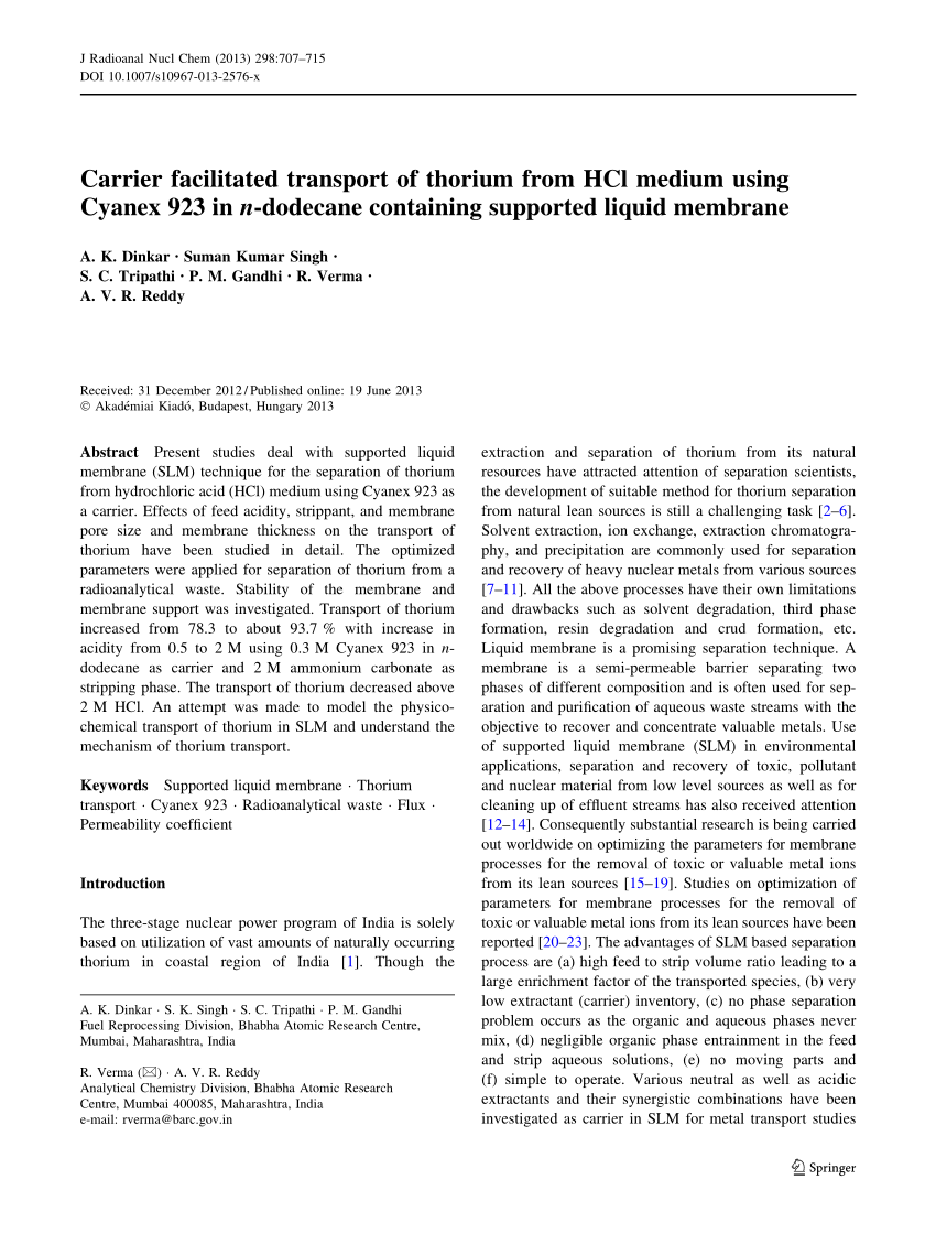 Pdf Carrier Facilitated Transport Of Thorium From Hcl Medium Using Cyanex 923 In N Dodecane Containing Supported Liquid Membrane