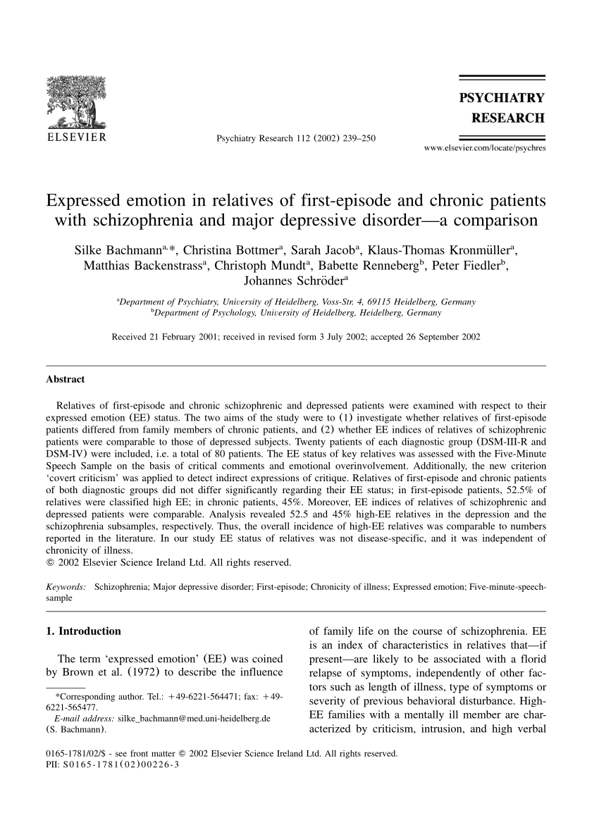 Pdf Expressed Emotion And Covert Criticism In Families Of Patients With Schizophrenia And Depression