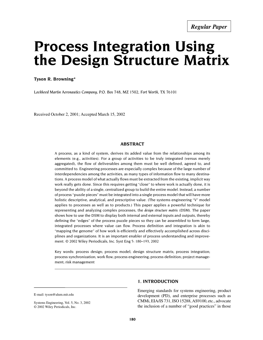 (PDF) Process Integration Using the Design Structure Matrix