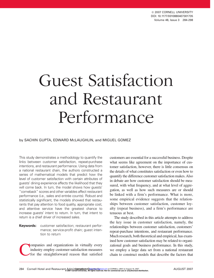 a research about customer satisfaction in a specific restaurant
