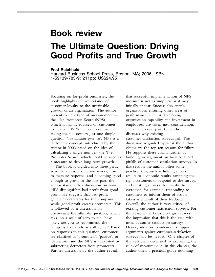 PDF) The Ultimate Question: Driving Good Profits and True Growth