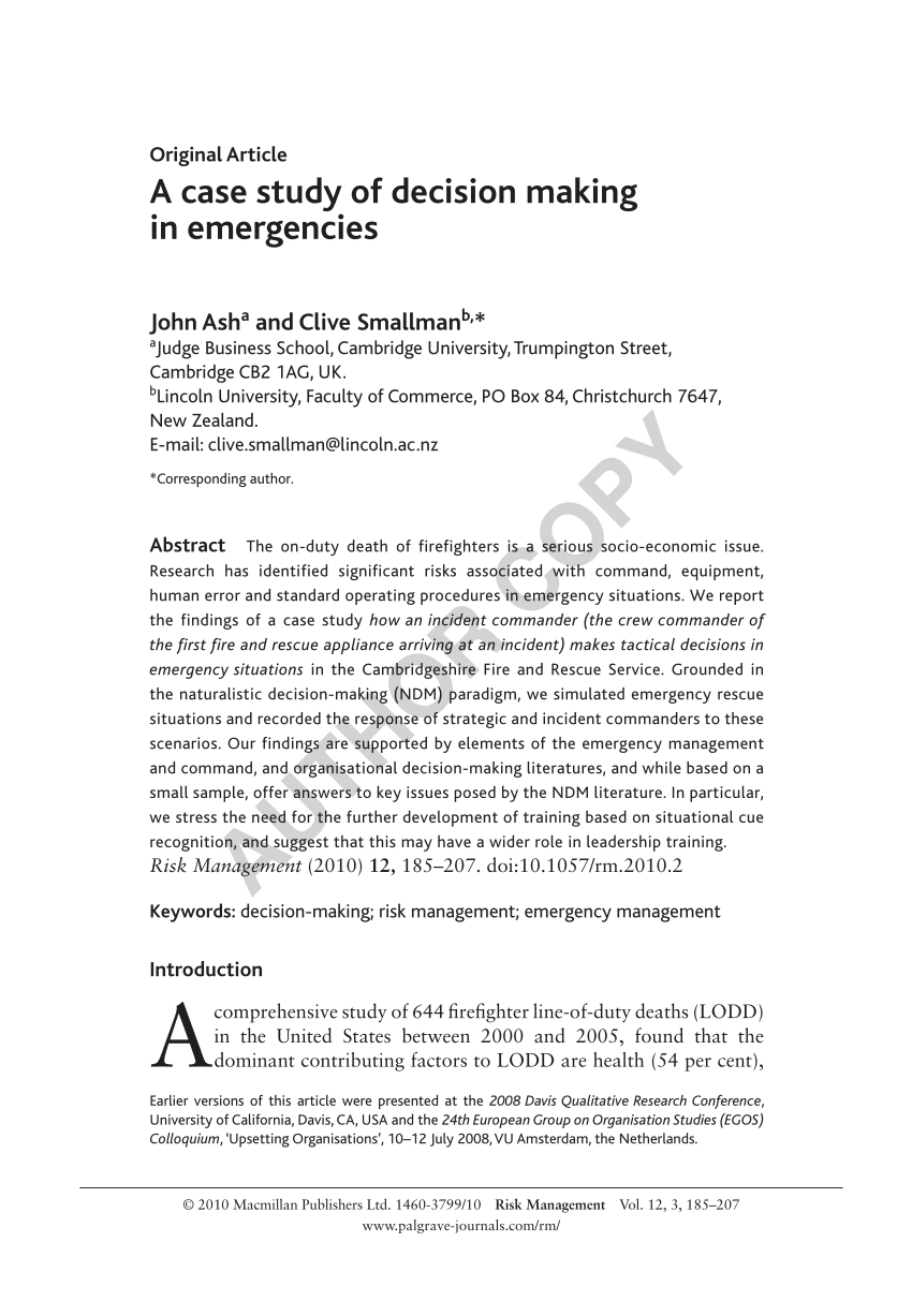 (PDF) A case study of decision making in emergencies