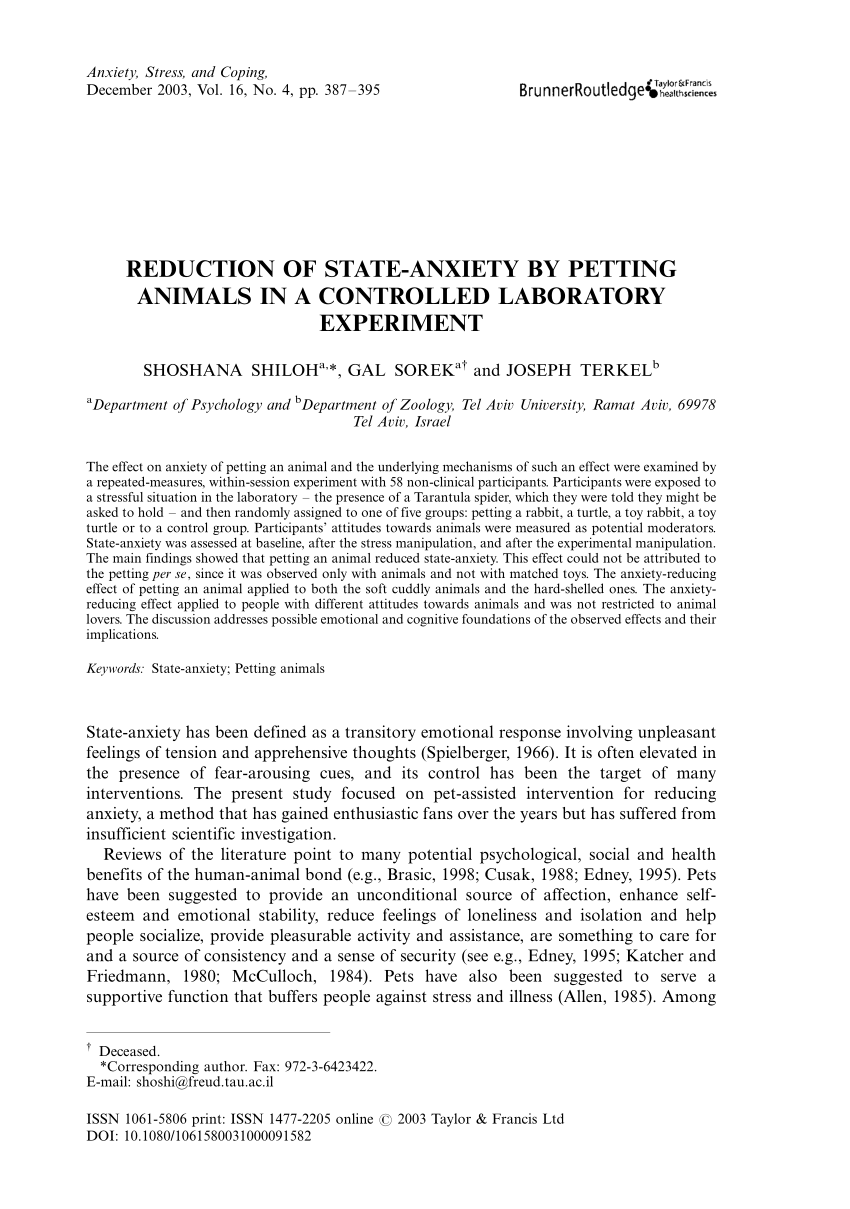 PDF) Reduction of state-anxiety by petting animals in a controlled  laboratory experiment