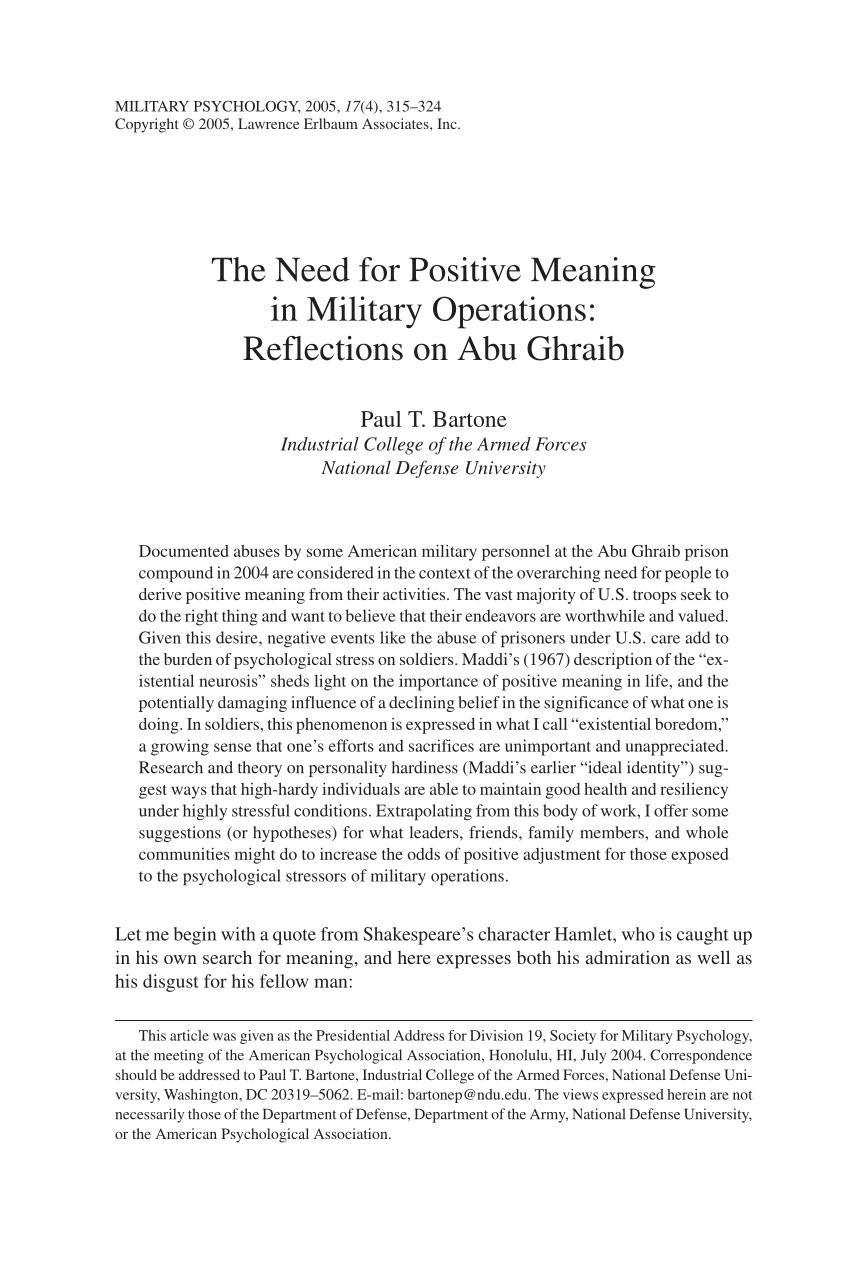 Pdf) The Need For Positive Meaning In Military Operations: Reflections On  Abu Ghraib