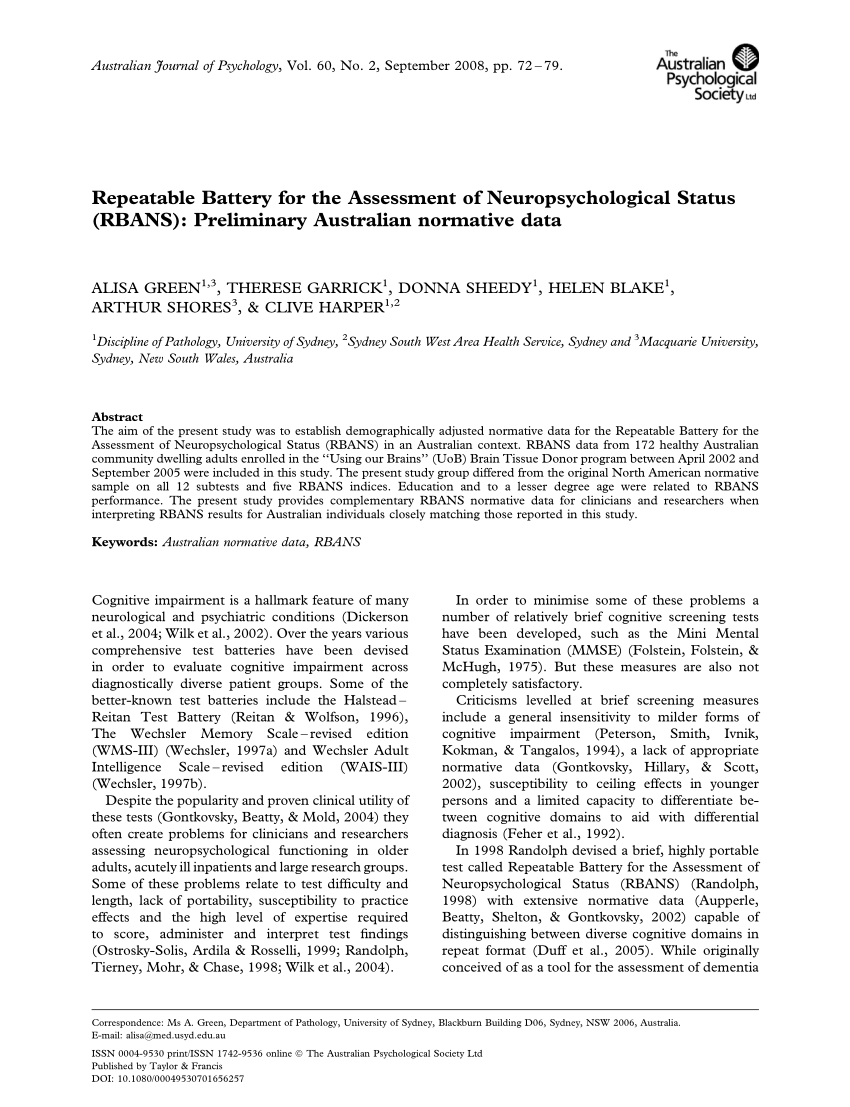 Pdf Repeatable Battery For The Assessment Of Neuropsychological Status Rbans Preliminary Australian Normative Data