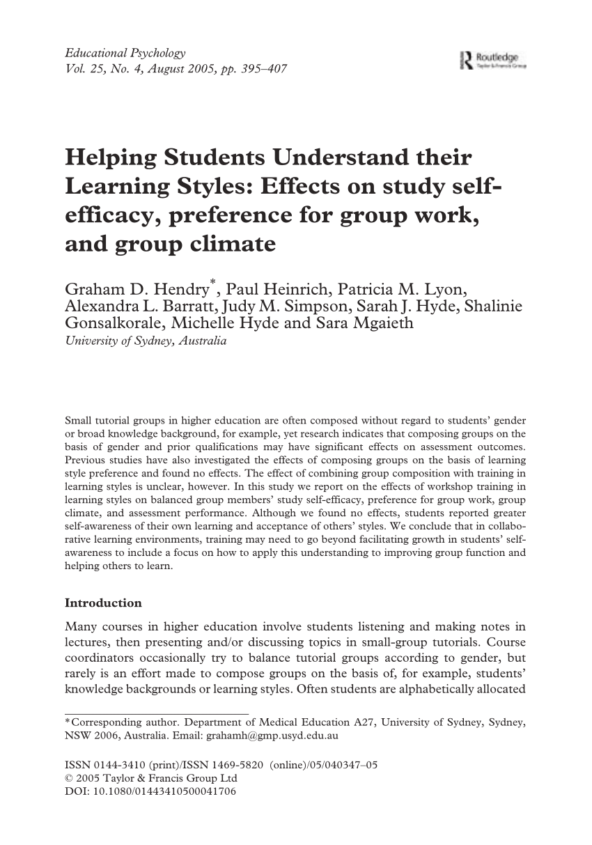 Pdf Helping Students Understand Their Learning Styles Effects On Study Self Efficacy Preference For Group Work And Group Climate