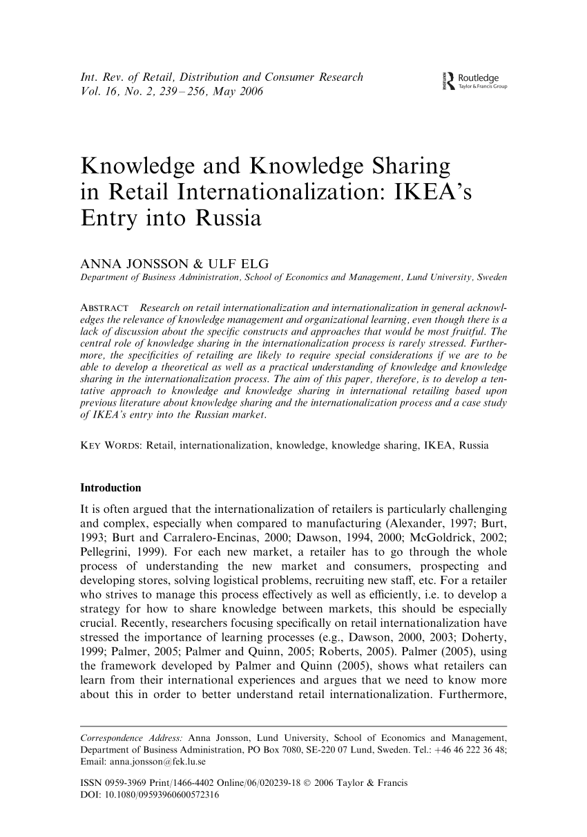 pdf knowledge and knowledge sharing in retail internationalization ikea s entry into russia