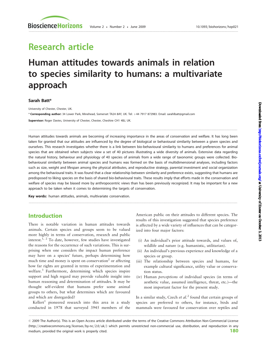 PDF) Human attitudes towards animals in relation to species similarity to  humans: A multivariate approach