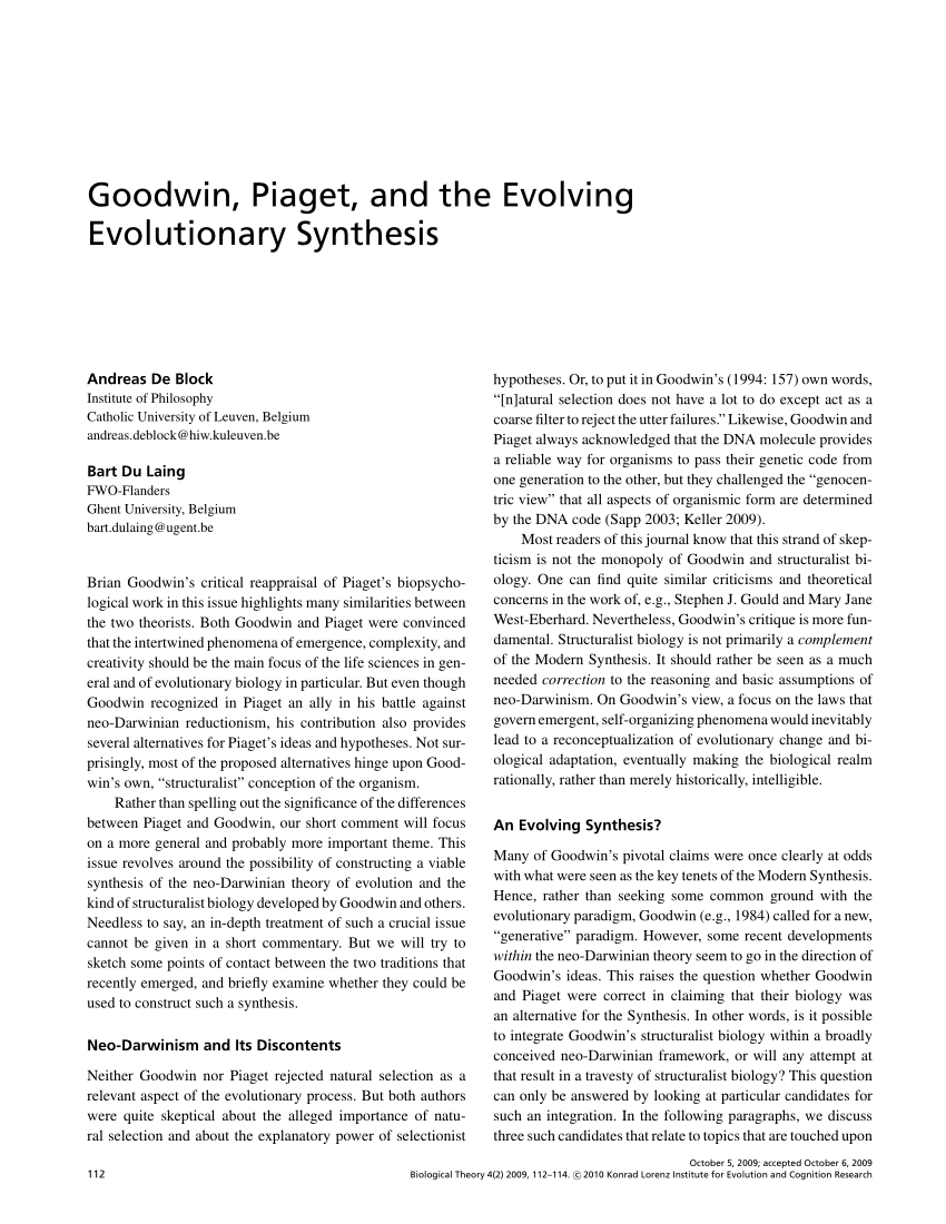 PDF Goodwin Piaget and the Evolving Evolutionary Synthesis