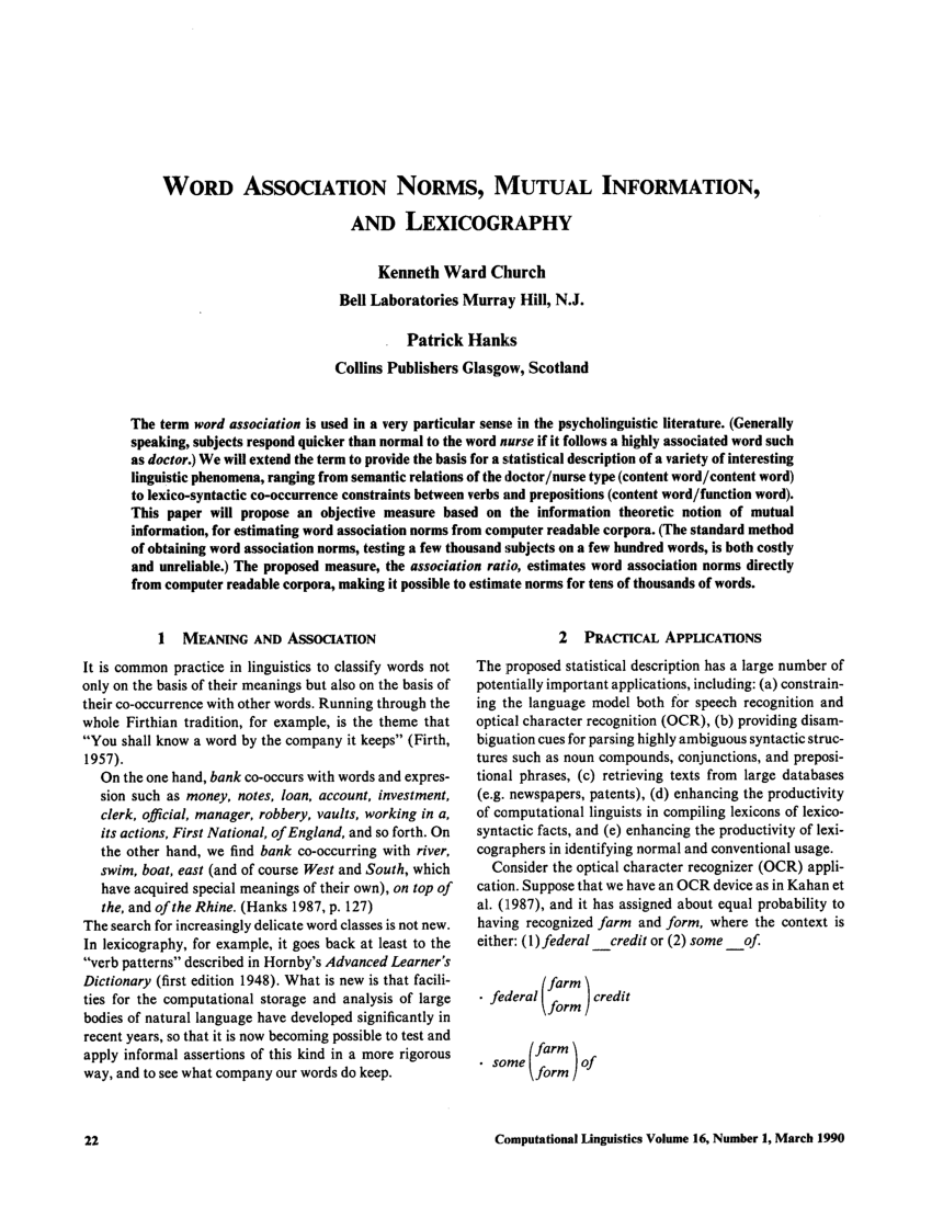 PDF) Word Association Norms, Mutual Information, and Lexicography