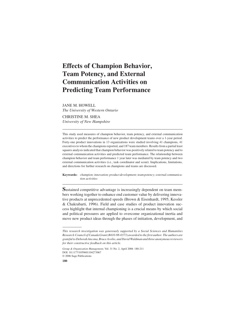 Kristendom Integral celle PDF) Effects of Champion Behavior, Team Potency, and External Communication  Activities on Predicting Team Performance