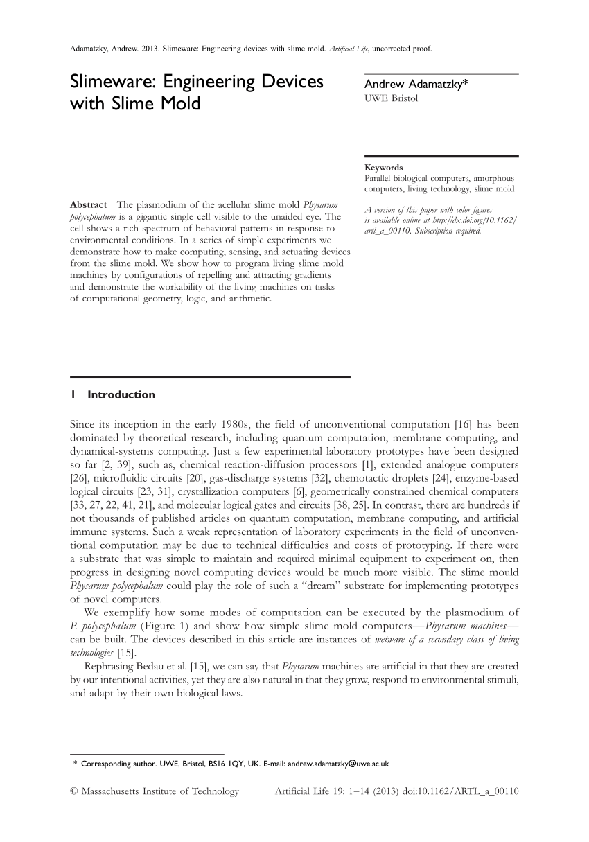 (PDF) Slimeware: Engineering Devices with Slime Mold