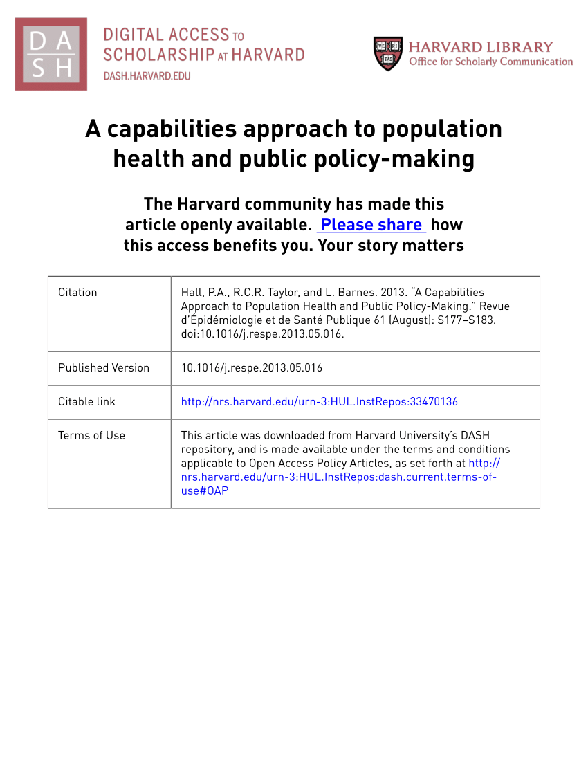 Pdf A Capabilities Approach To Population Health And Public Policy Making
