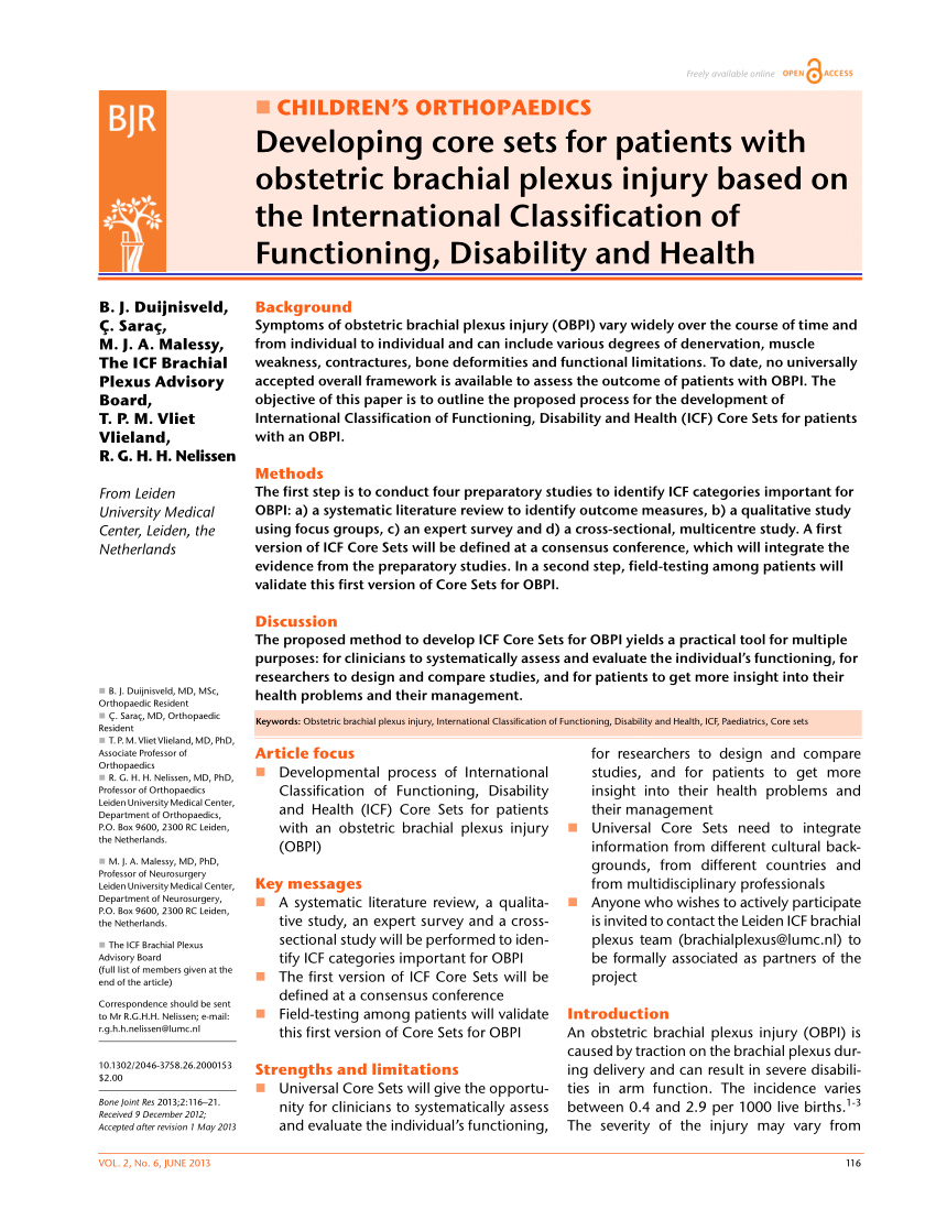 Pdf Developing Core Sets For Patients With Obstetric Brachial Plexus Injury Based On The International Classification Of Functioning Disability And Health