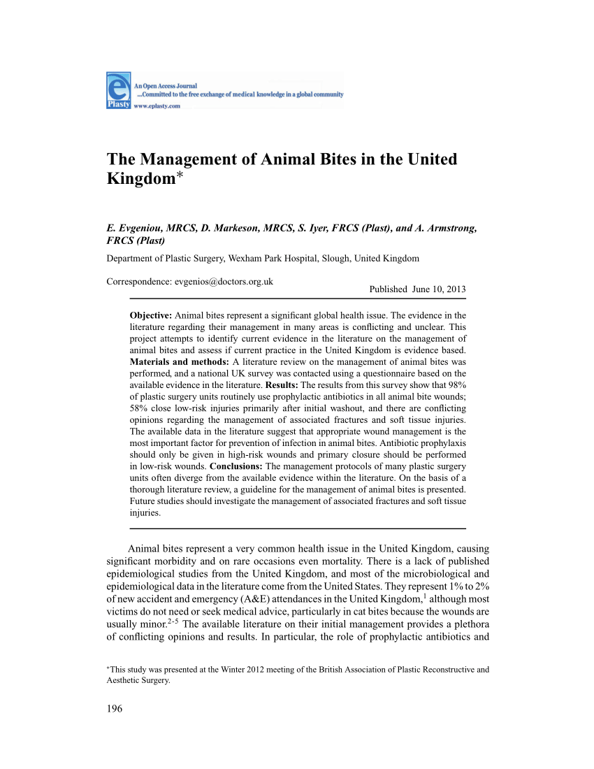 PDF) The Management of Animal Bites in the United Kingdom*