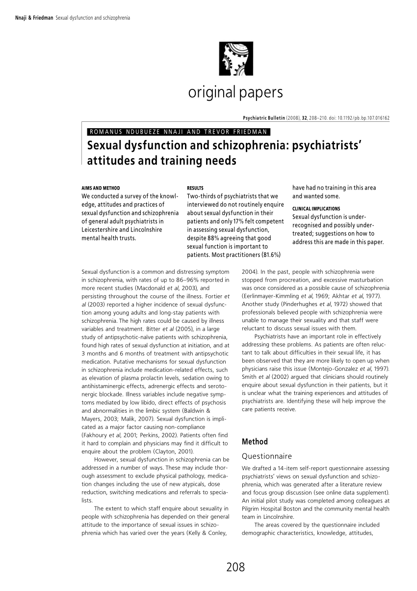 Pdf Sexual Dysfunction And Schizophrenia Psychiatrists Attitudes And Training Needs