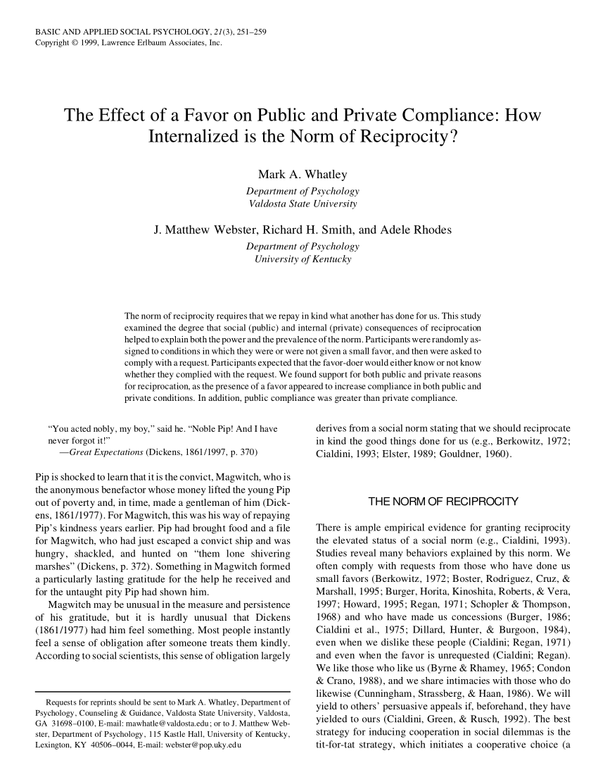 Pdf The Effect Of A Favor On Public And Private Compliance How Internalized Is The Norm Of Reciprocity