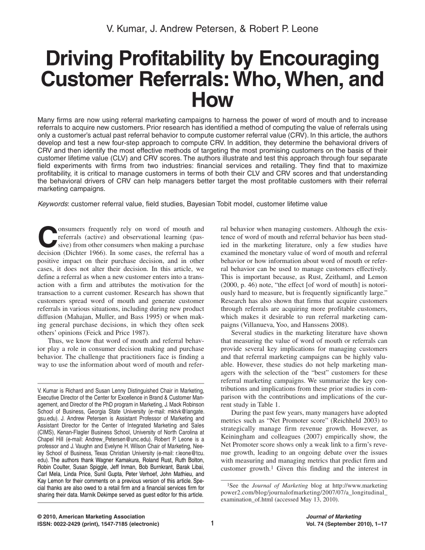 Pdf Driving Profitability By Encouraging Customer Referrals Who When And How