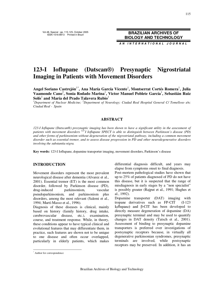 Pdf 123 I Ioflupane Datscan Presynaptic Nigrostriatal Imaging In Patients Withmovement Disorders