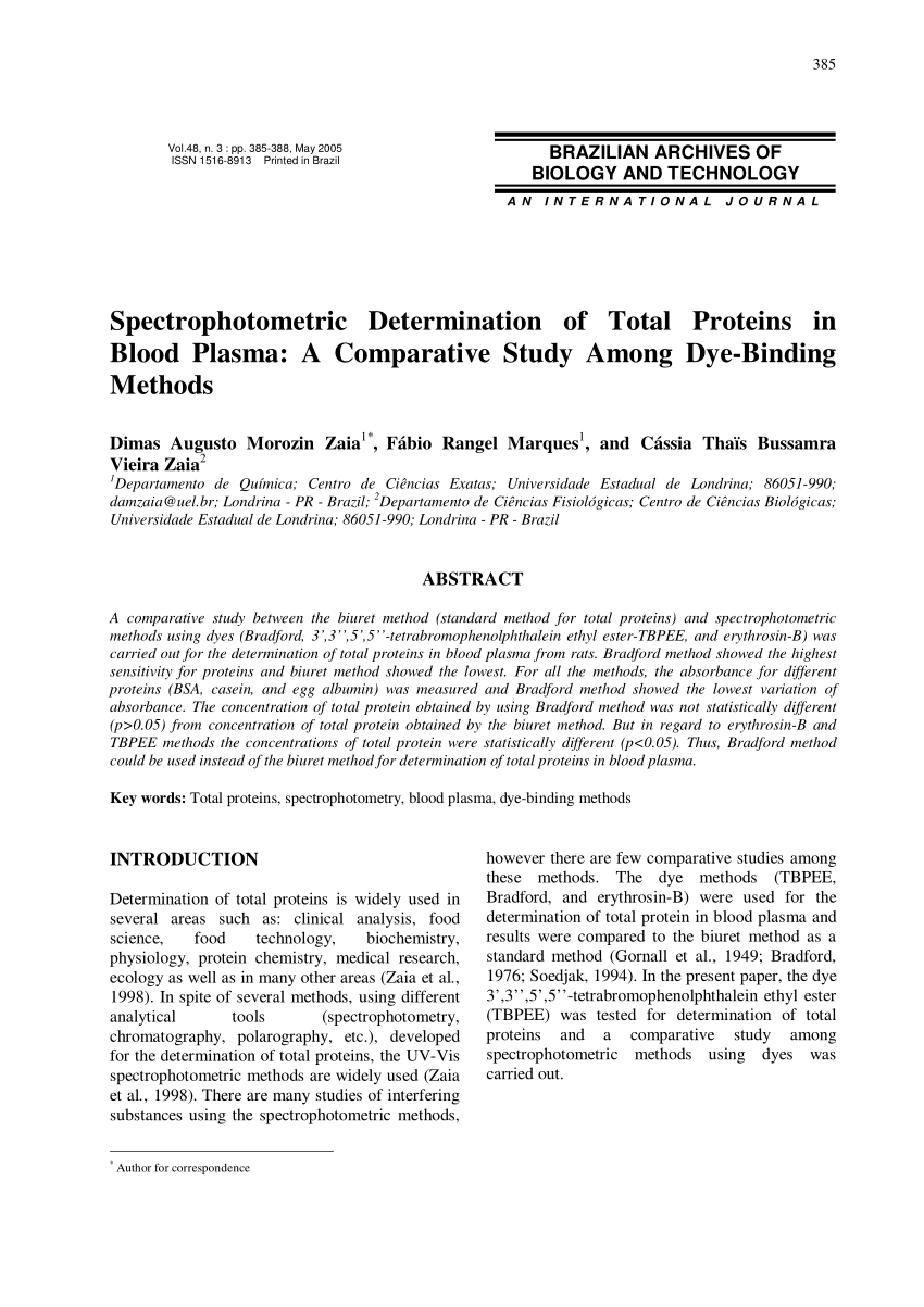 Pdf Spectrophotometric Determination Of Total Proteins In Blood Plasma A Comparative Study Among Dye Binding Methods