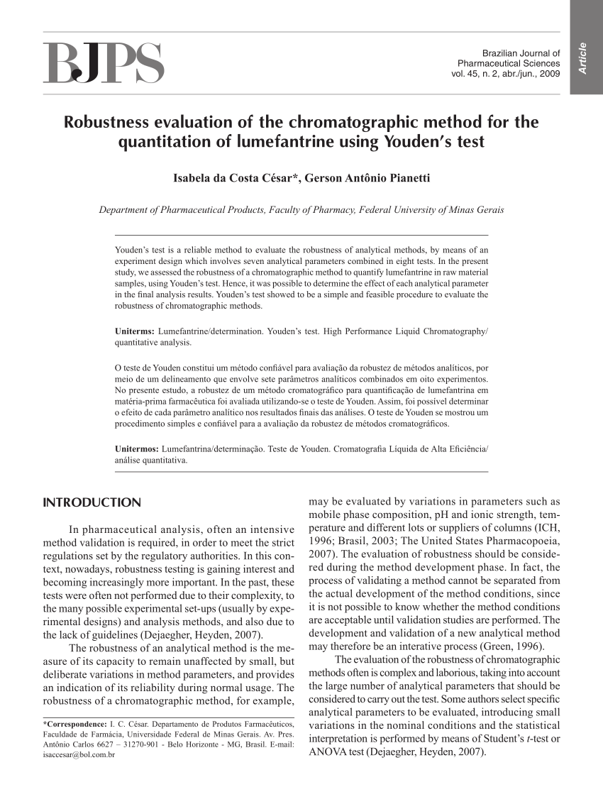 Pdf Robustness Evaluation Of The Chromatographic Method For The Quantitation Of Lumefantrine Using Youden S Test