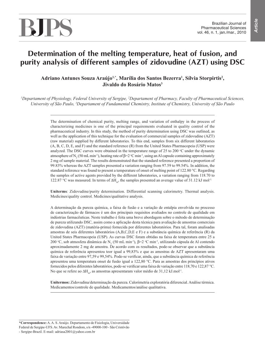 Pdf Determination Of The Melting Temperature Heat Of Fusion And Purity Analysis Of Different Samples Of Zidovudine Azt Using Dsc