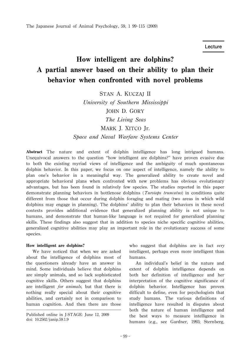 PDF) How intelligent are dolphins? A partial answer based on their ability  to plan their behavior when confronted with novel problems