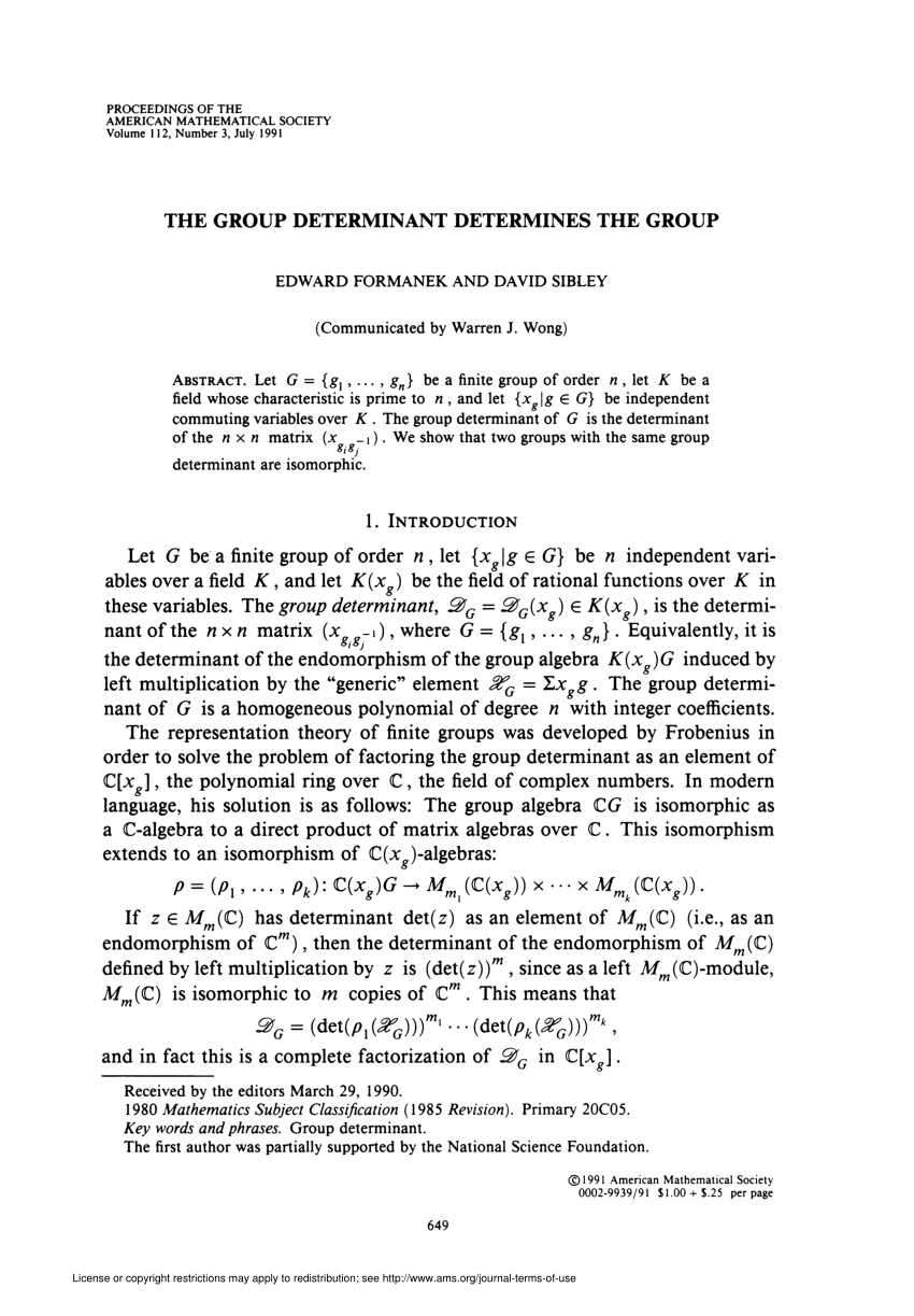 Pdf The Group Determinant Determines The Group