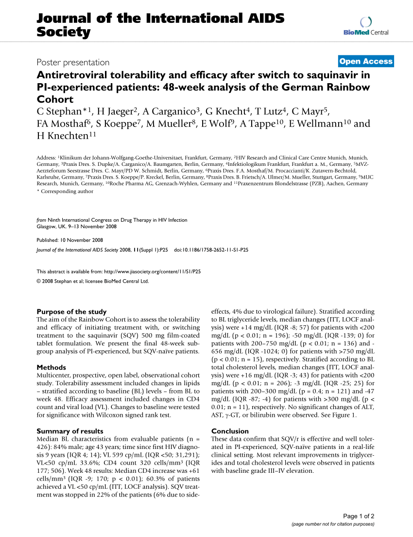 Pdf Antiretroviral Tolerability And Efficacy After Switch To Saquinavir In Pi Experienced Patients 48 Week Analysis Of The German Rainbow Cohort