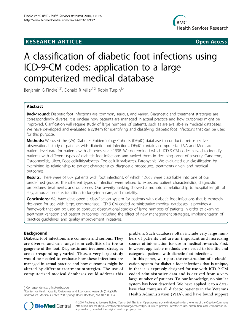 Pdf A Classification Of Diabetic Foot Infections Using Icd-9-cm Codes Application To A Large Computerized Medical Database