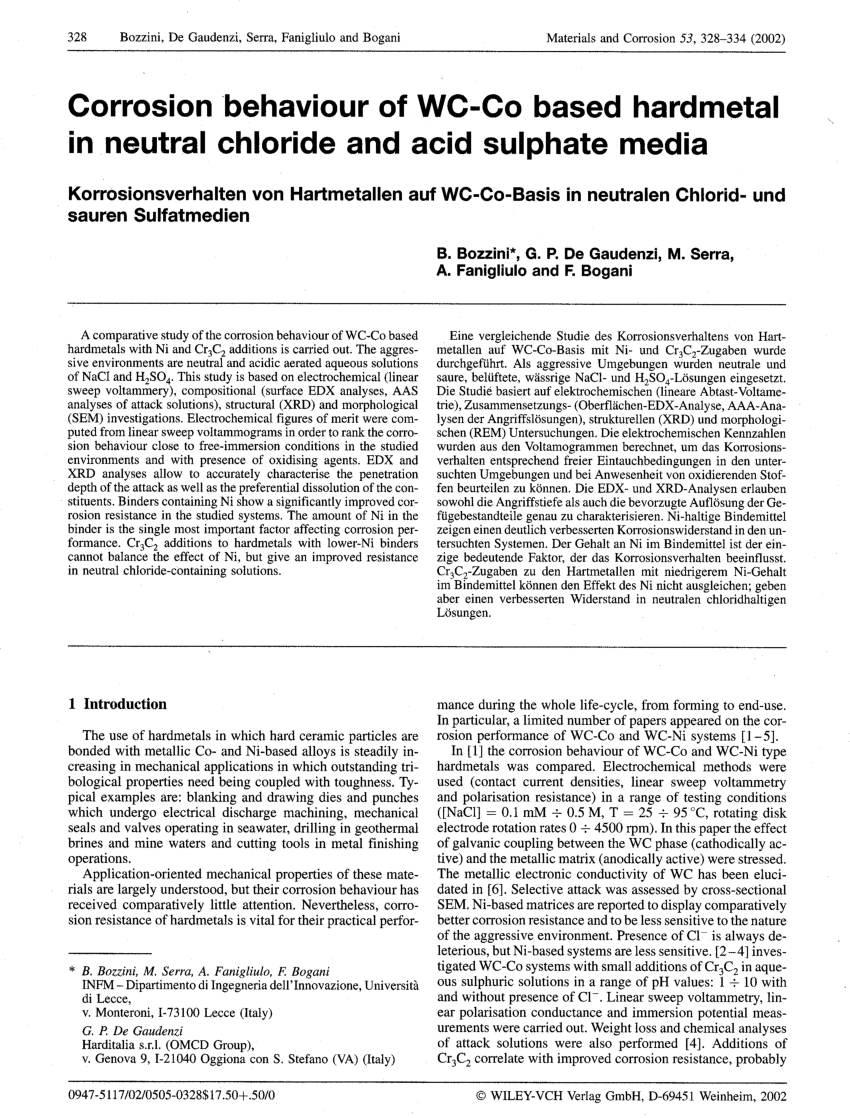Pdf Corrosion Behaviour Of Wc Co Based Hardmetal In Neutral Chloride And Acid Sulphate Media