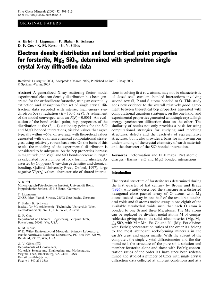 Pdf Electron Density Distribution And Bond Critical Point Properties For Forsterite Mg 2 Sio 4 Determined With Synchrotron Single Crystal X Ray Diffraction Data