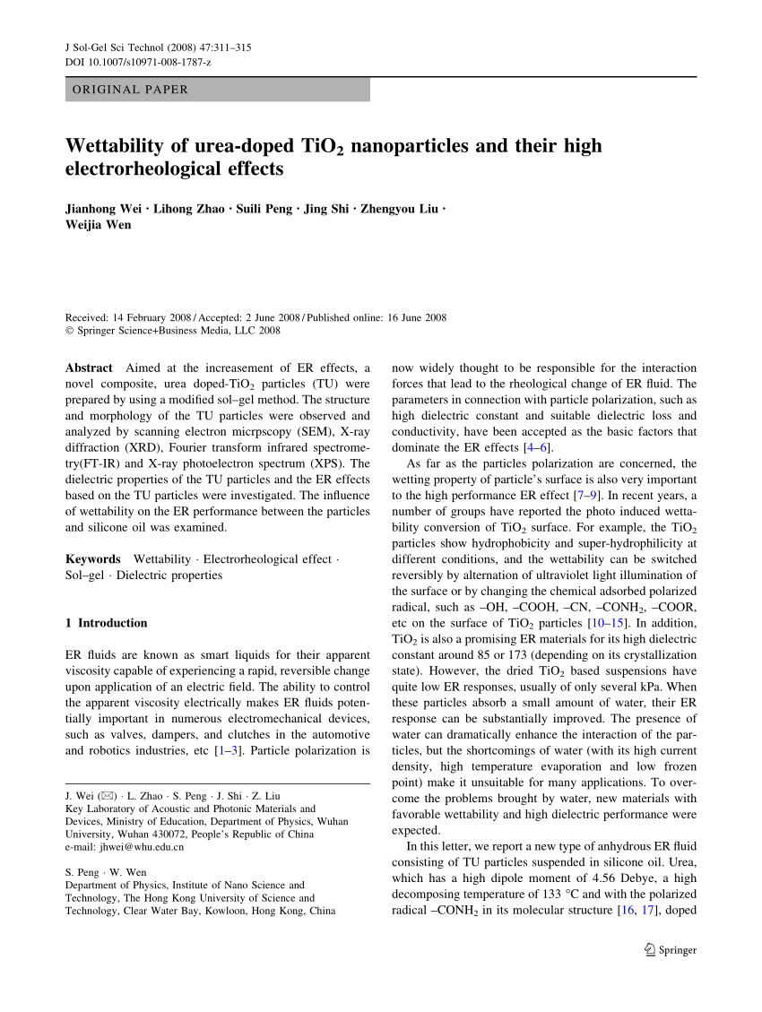 Pdf Wettability Of Urea Doped Tio 2 Nanoparticles And Their High Electrorheological Effects 5565