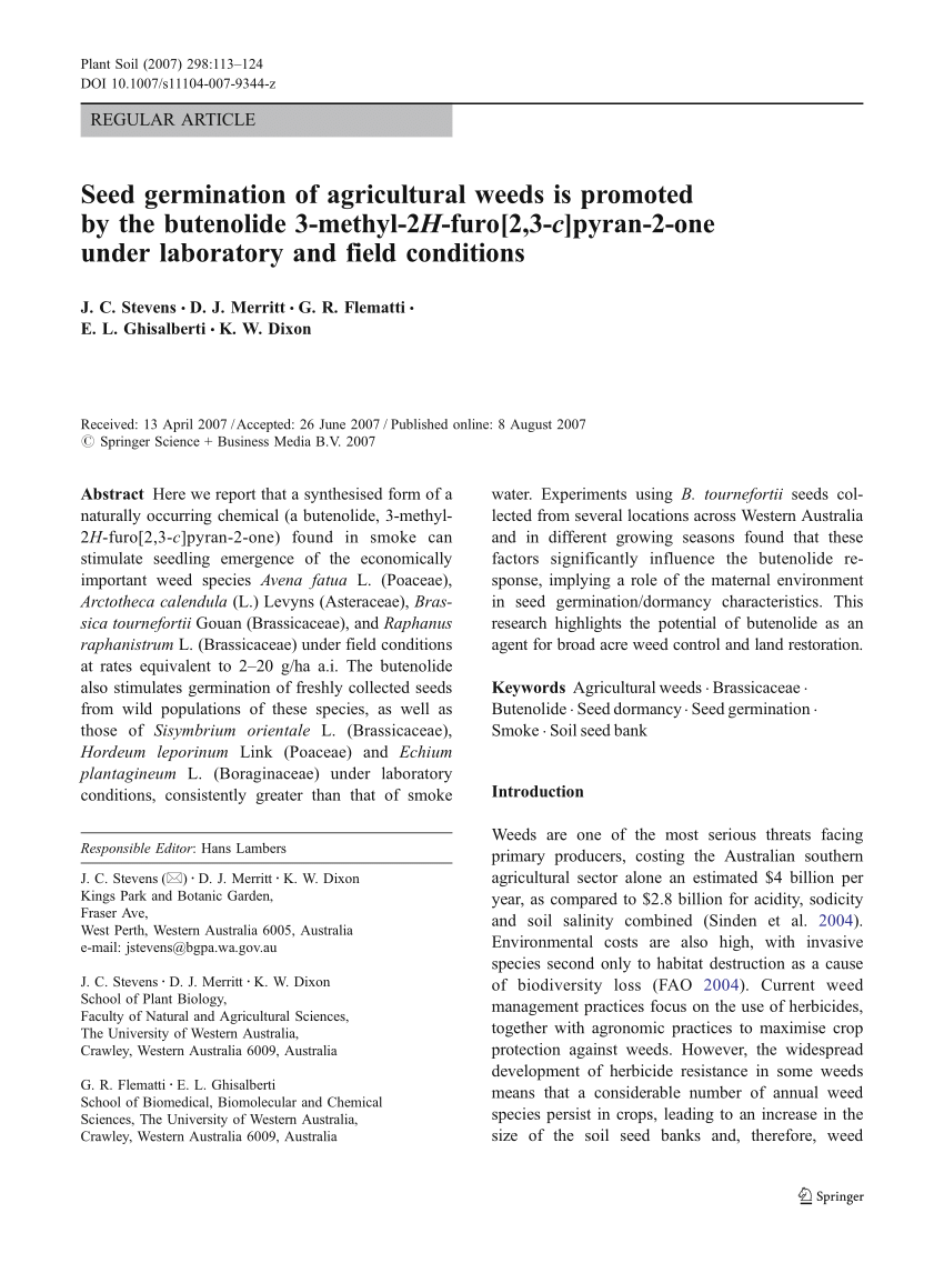Pdf Seed Germination Of Agricultural Weeds Is Promoted By The Butenolide 3 Methyl 2h Furo 2 3 C Pyran 2 One Under Laboratory And Field Conditions