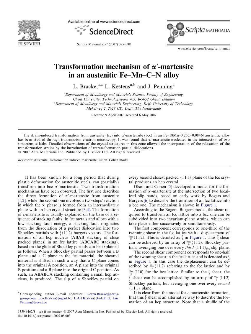 Pdf Transformation Mechanism Of A Martensite In An Austenitic Fe Mn C N Alloy