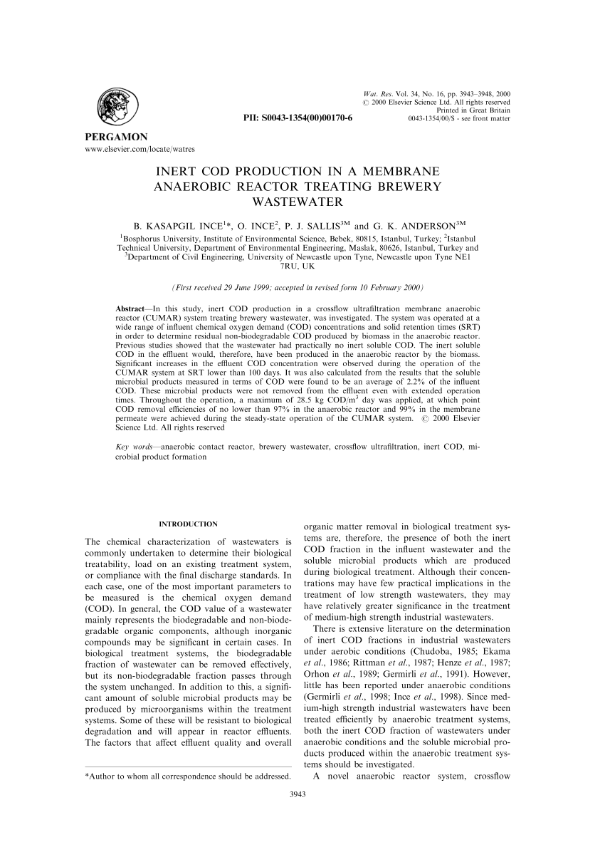 Pdf Inert Cod Production In A Membrane Anaerobic Reactor Treating Brewery Wastewater