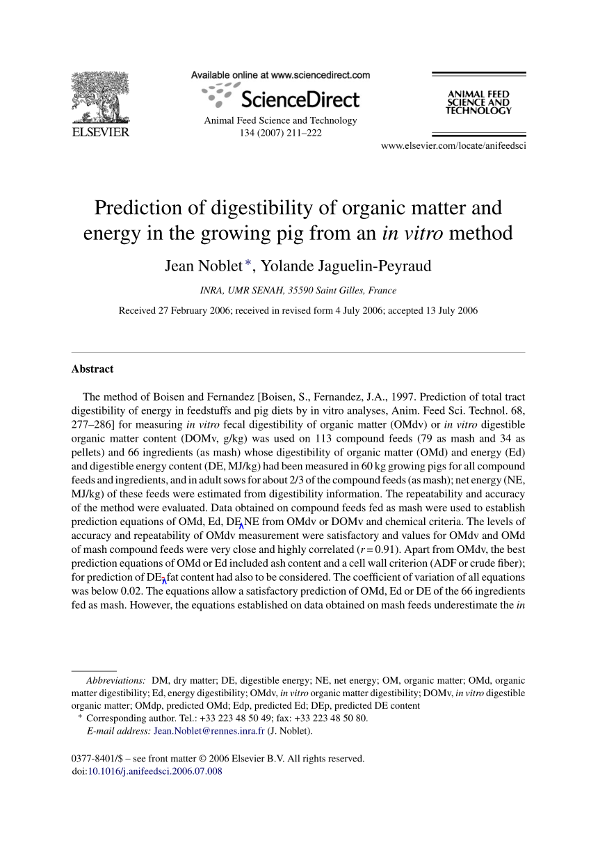 Predicting in vivo starch digestibility coefficients in newly weaned  piglets from in vitro assessment of diets using multivariate analysis, British Journal of Nutrition