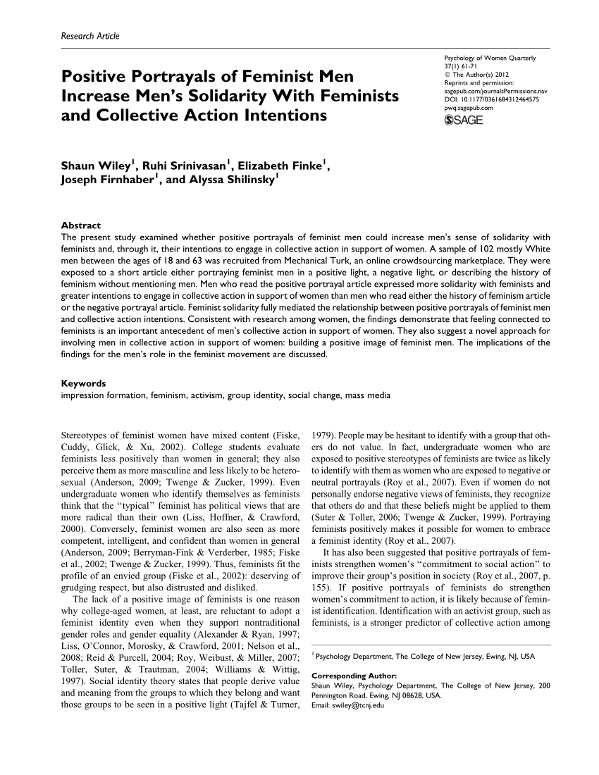 Pdf Positive Portrayals Of Feminist Men Increase Men S Solidarity With Feminists And Collective Action Intentions
